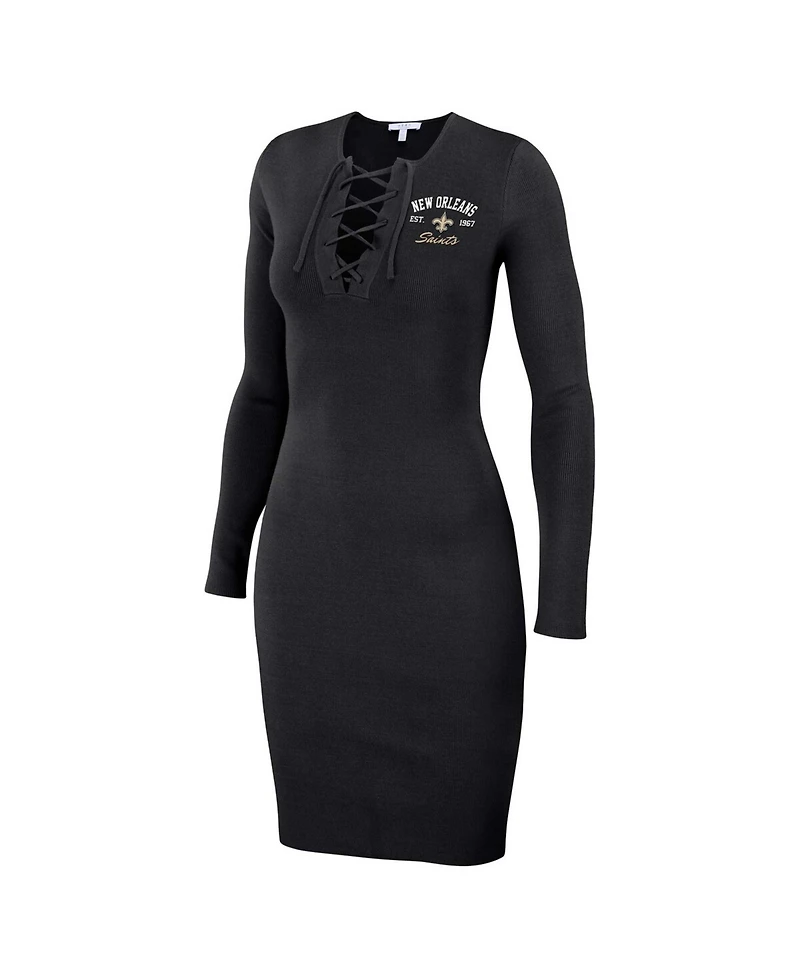 Wear by Erin Andrews Women's Black New Orleans Saints Lace Up Long Sleeve Dress