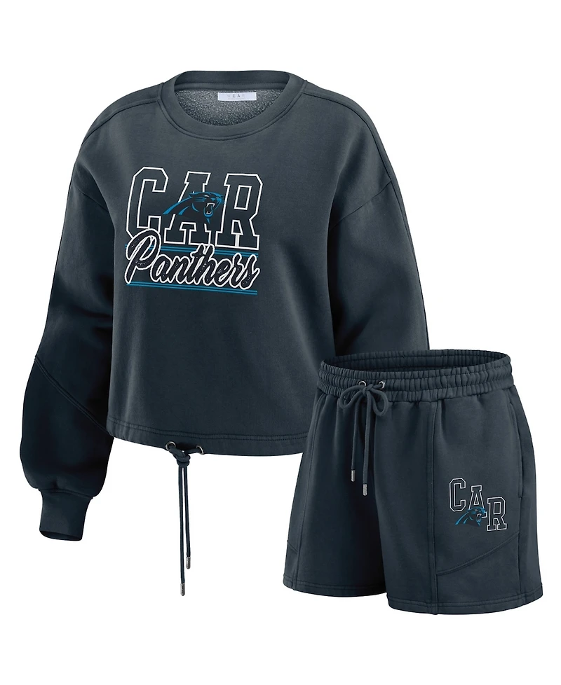 Wear by Erin Andrews Women's 2-Piece Black Carolina Panthers Washed Fleece Long Sleeve T-Shirt & Shorts Lounge Set