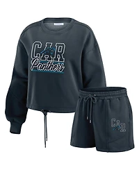 Wear by Erin Andrews Women's 2-Piece Black Carolina Panthers Washed Fleece Long Sleeve T-Shirt & Shorts Lounge Set