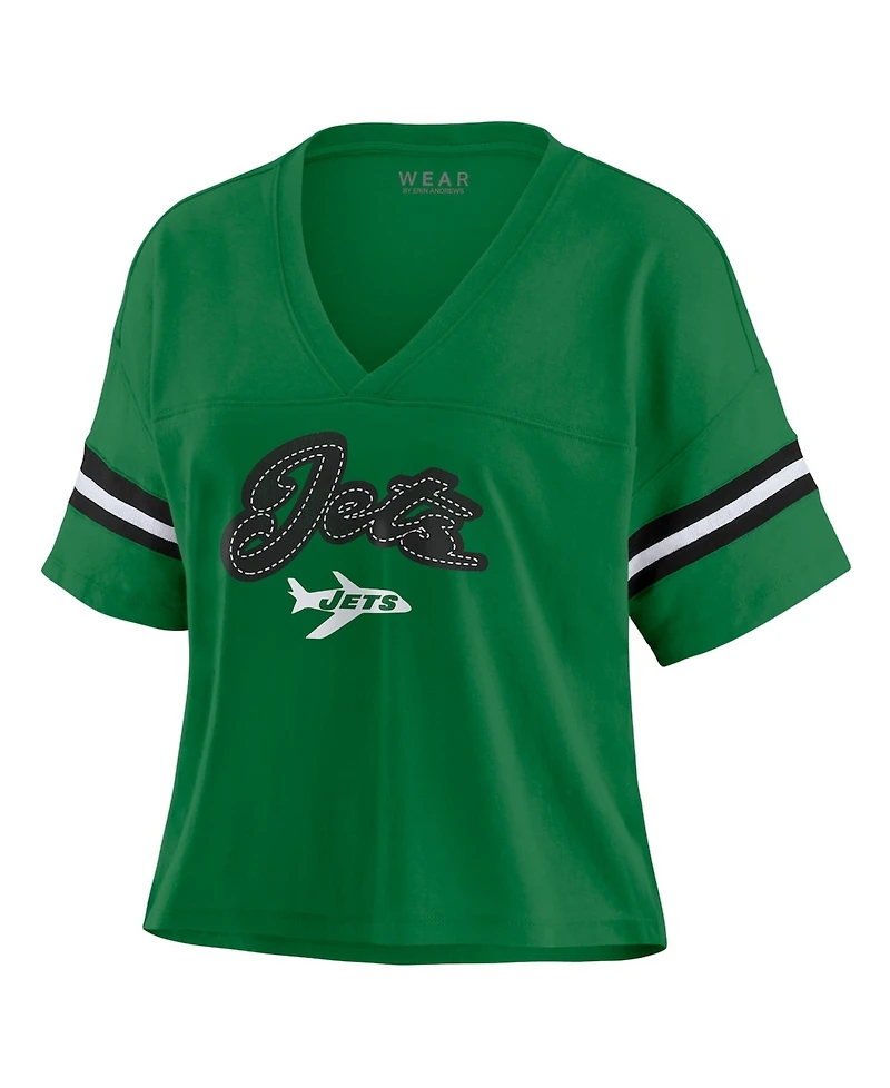 Wear by Erin Andrews Women's Kelly Green New York Jets Color Block Boxy V-Neck T-Shirt