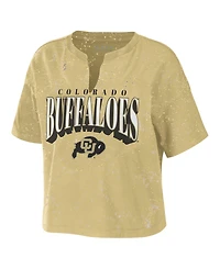 Wear by Erin Andrews Women's Tan Colorado Buffaloes Bleach Wash Splatter Cropped Notch Neck T-Shirt