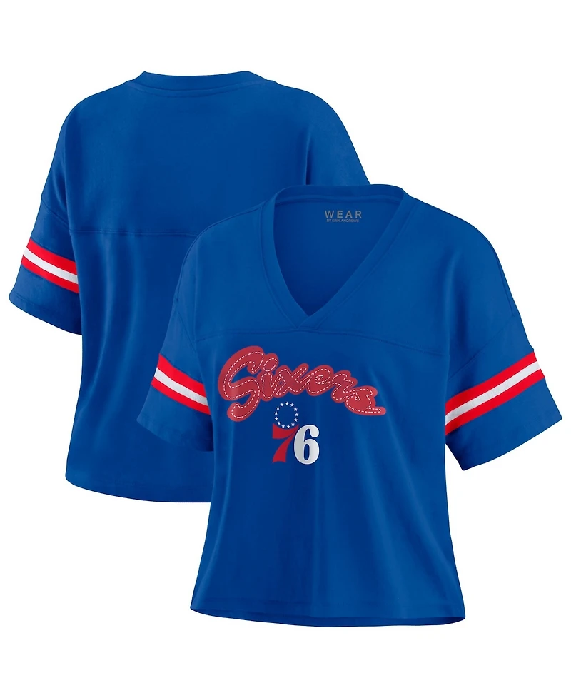 Wear by Erin Andrews Women's Royal Philadelphia 76ers Color Block Boxy V-Neck T-Shirt