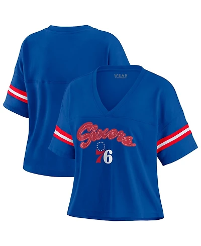 Wear by Erin Andrews Women's Royal Philadelphia 76ers Color Block Boxy V-Neck T-Shirt