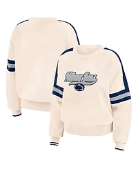 Wear by Erin Andrews Women's Cream Penn State Nittany Lions Chenille Woven Patch Stripe Pullover Sweater