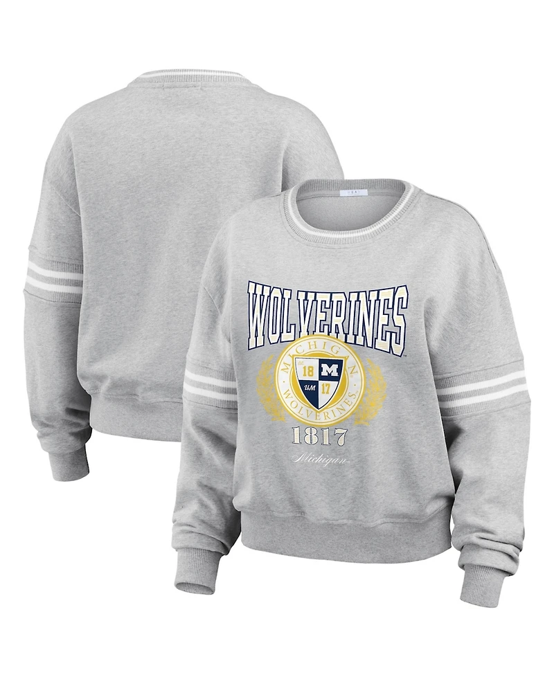Wear by Erin Andrews Women's Heather Gray Michigan Wolverines Classic Stripe Pullover Sweater
