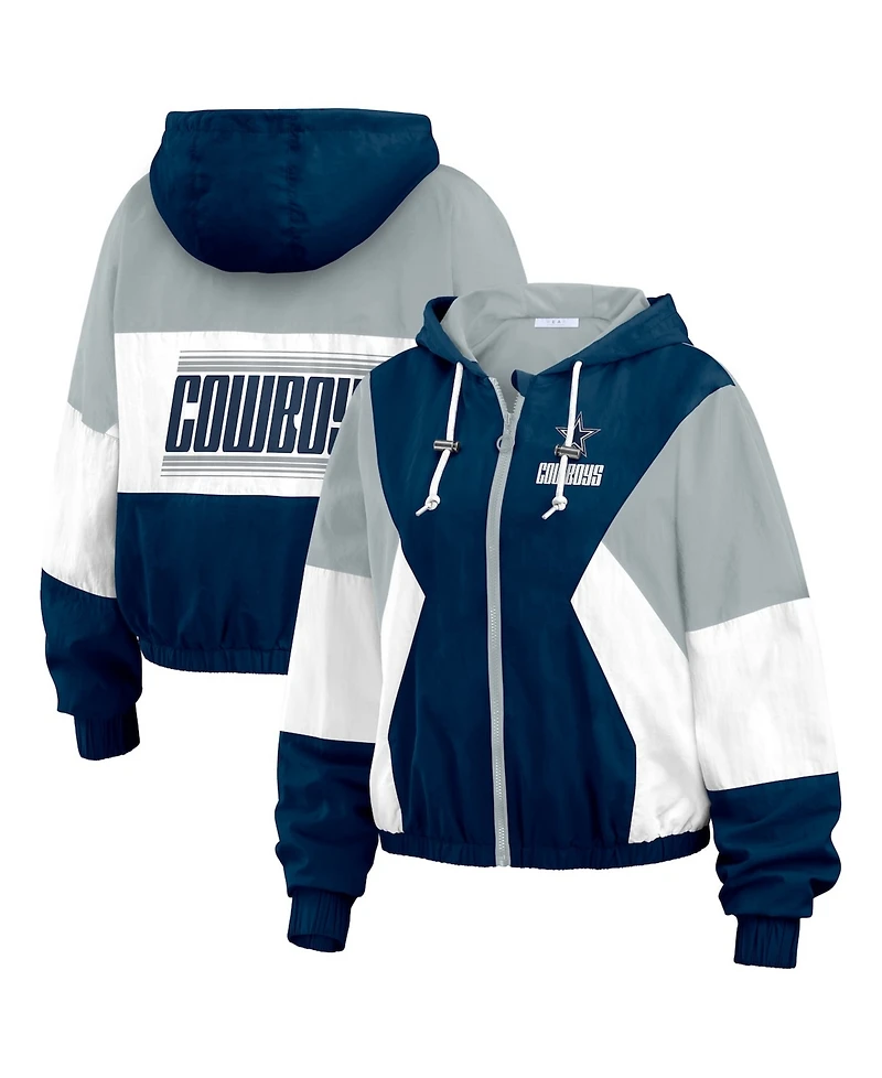 Wear by Erin Andrews Women's Navy Dallas Cowboys Color Block Full-Zip Windbreaker Jacket