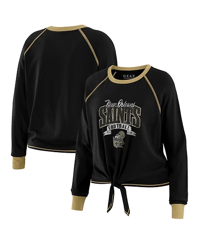 Wear by Erin Andrews Women's Black/Gold New Orleans Saints Tie-Front Long Sleeve Top
