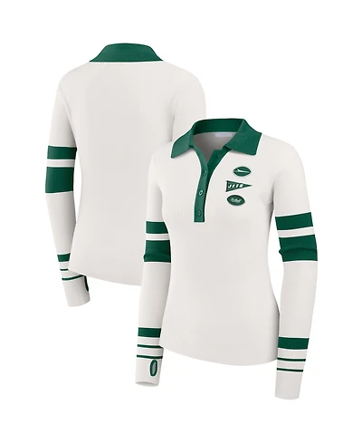 Wear by Erin Andrews Women's White New York Jets Ribbed Henley Polo Sweater