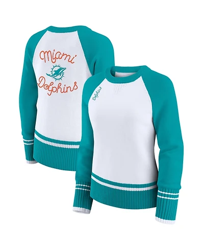 Wear by Erin Andrews Women's White/Aqua Miami Dolphins Color block Raglan Sweater
