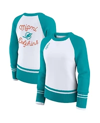Wear by Erin Andrews Women's White/Aqua Miami Dolphins Color block Raglan Sweater
