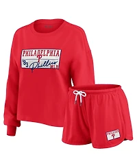 Wear by Erin Andrews Women's 2-Piece Red Philadelphia Phillies Heavy Rugby Jersey Cropped Long Sleeve T-Shirt & Shorts Lounge Set