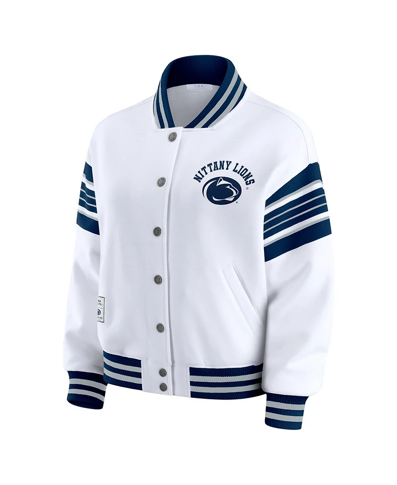 Wear by Erin Andrews Women's White/Navy Penn State Nittany Lions Satin Stitch Full-Snap Fleece Sweatshirt Jacket