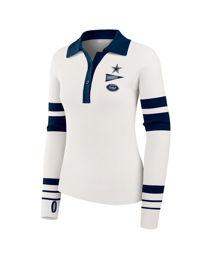 Wear by Erin Andrews Women's White Dallas Cowboys Ribbed Henley Polo Sweater