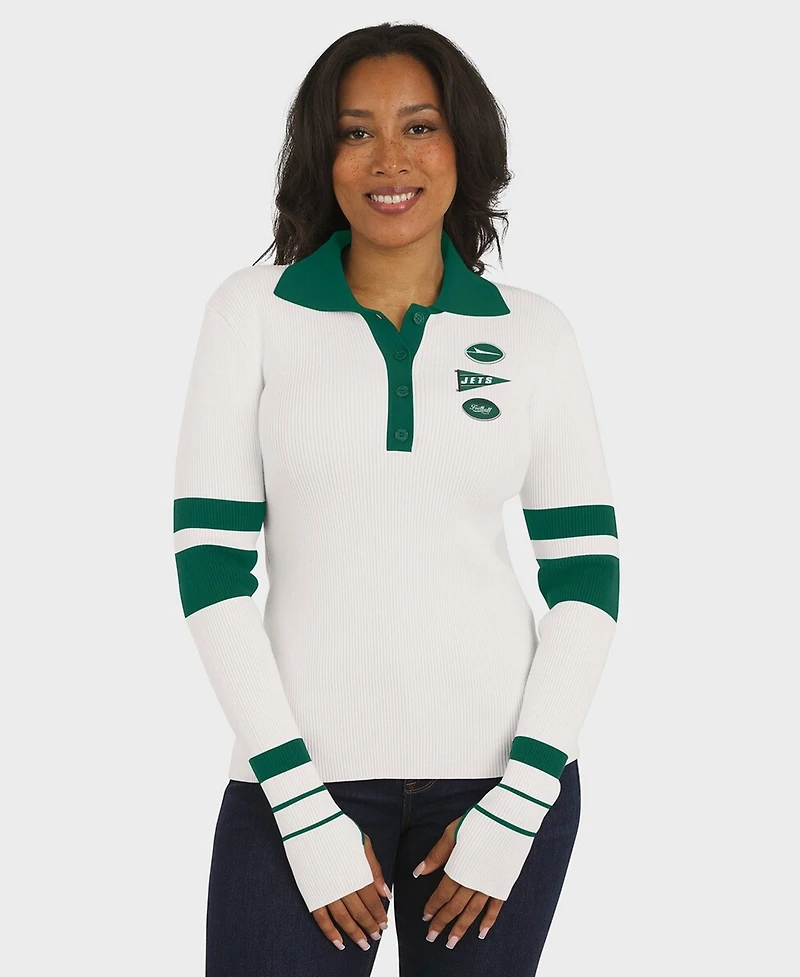 Wear by Erin Andrews Women's White New York Jets Ribbed Henley Polo Sweater