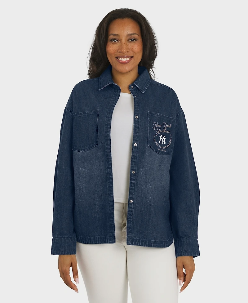 Wear by Erin Andrews Women's Denim New York Yankees Washed Oversized Full-Snap Shacket