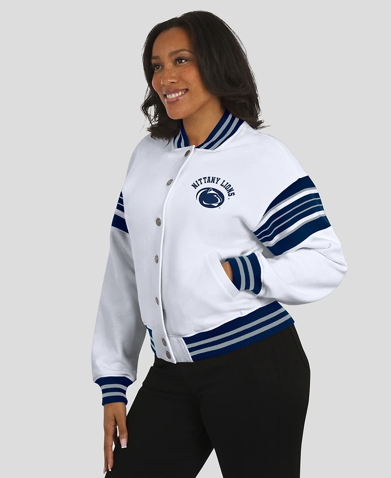 Wear by Erin Andrews Women's White/Navy Penn State Nittany Lions Satin Stitch Full-Snap Fleece Sweatshirt Jacket