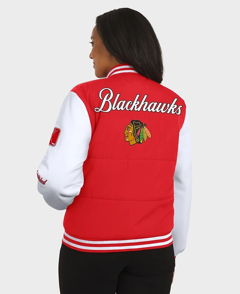 Wear by Erin Andrews Women's Red/White Chicago Blackhawks Varsity Full-Snap Puffer Jacket