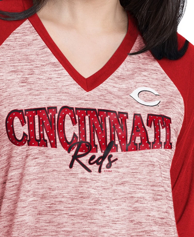 G-iii 4Her by Carl Banks Women's Red/Heather Red Cincinnati Reds Speed Training 3/4-Sleeve Rhinestone V-Neck T-Shirt