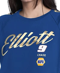 G-iii 4Her by Carl Banks Women's Royal Chase Elliott Cropped Classic Play Gold Trim Raglan T-Shirt