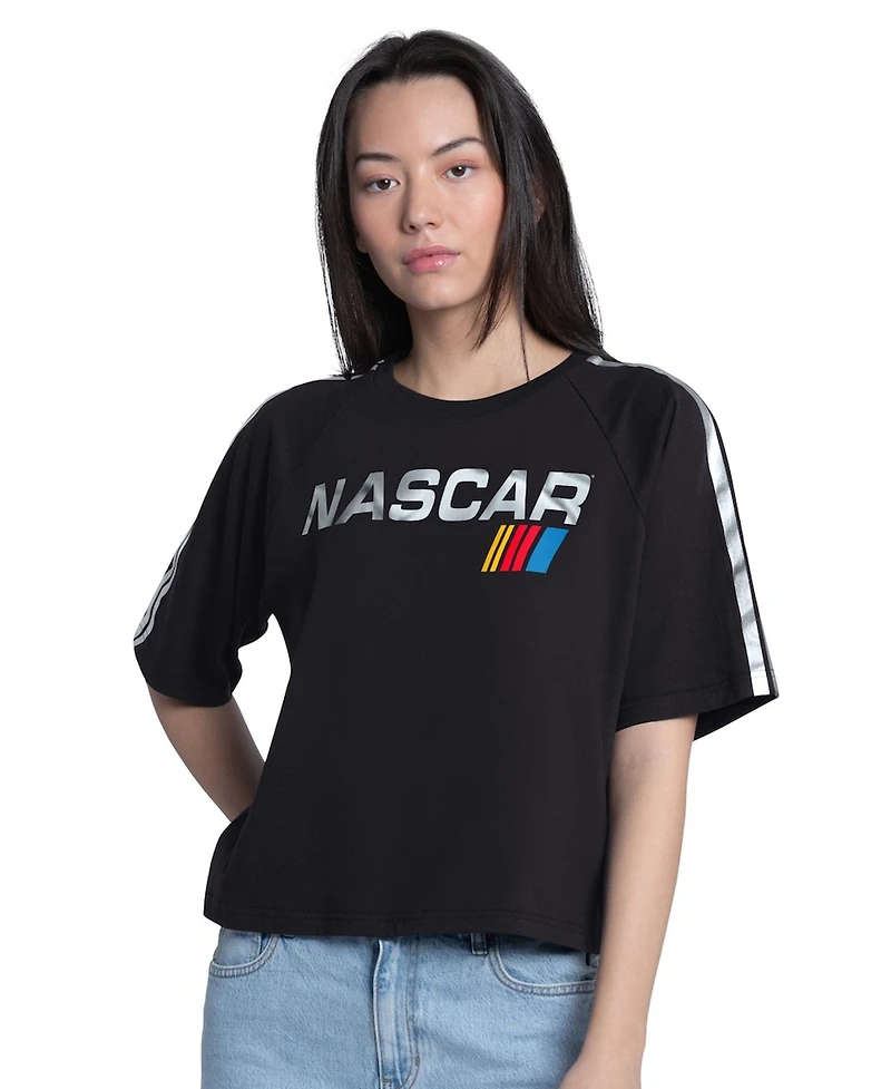G-iii 4Her by Carl Banks Women's Black Nascar Merchandise Raglan Cropped Classic Play Silver Trim T-Shirt