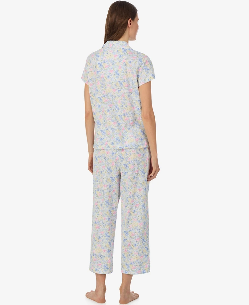 Lauren Ralph Women's Short-Sleeve Notch Collar Cropped Pant Pajama Set