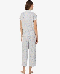 Lauren Ralph Women's Short-Sleeve Notch Collar Cropped Pant Pajama Set
