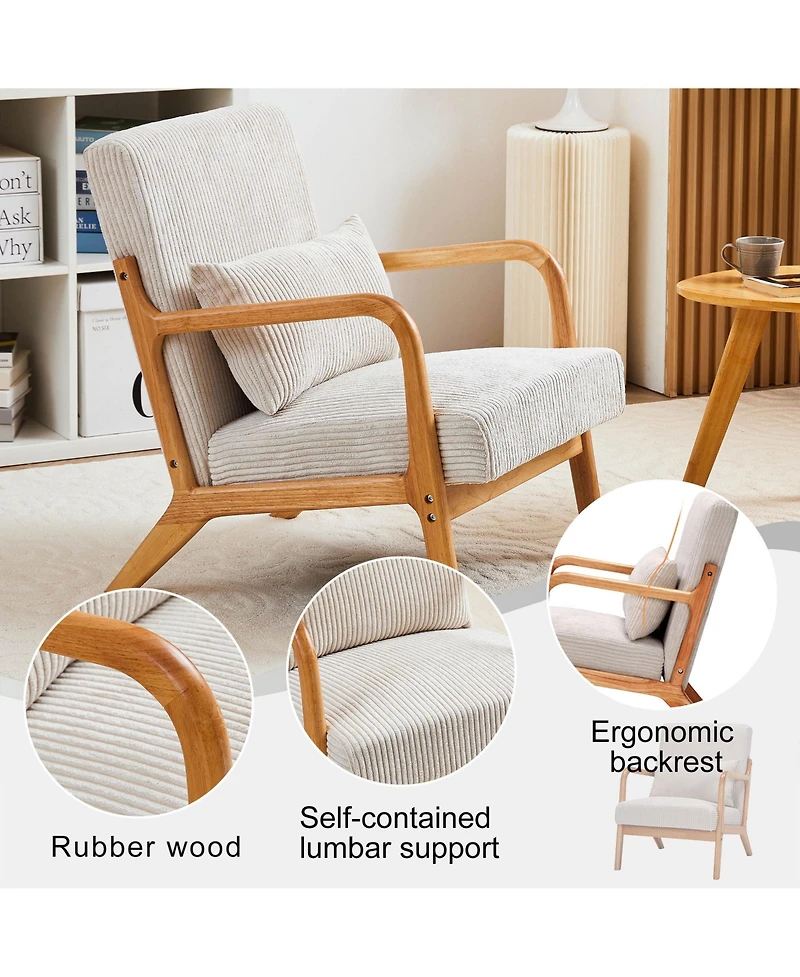 Rainsken Mid-Century Modern Accent Chair, Upholstered Lounge Armchair with Lumbar Pillow and Solid Wood Frame for Living Room, Balcony