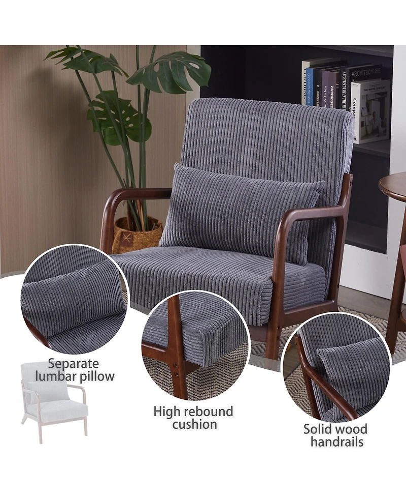 Rainsken Mid-Century Modern Accent Chair, Upholstered Lounge Armchair with Lumbar Pillow and Solid Wood Frame for Living Room, Balcony
