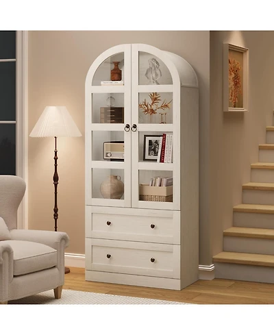 homfan Tall Arched Dome Bookcase with Drawers, 4-Tier Wooden Bookshelf with Glass Door, Farmhouse Rustic White for Home Office