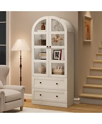 homfan Tall Arched Dome Bookcase with Drawers, 4-Tier Wooden Bookshelf with Glass Door, Farmhouse Rustic White for Home Office