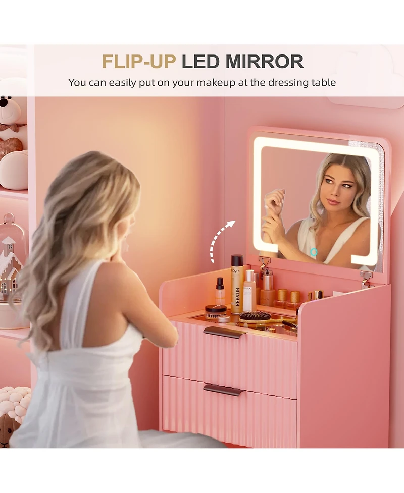 Vlsrka 3-in-1 Flip Top Mirror Vanity Desk, Glass Desktop Dressing Table with 3 Drawers and Padded Stool