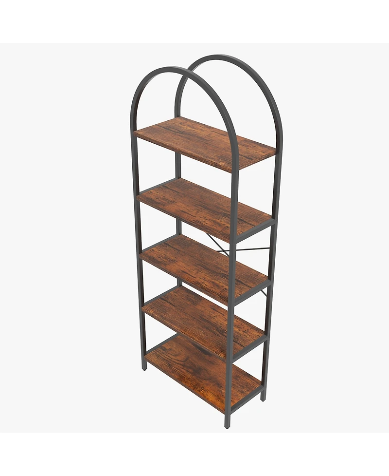homfan Arched Tall Bookshelf, 5-Tier Industrial Wood and Metal Shelf, Rustic Farmhouse Storage for Home Office