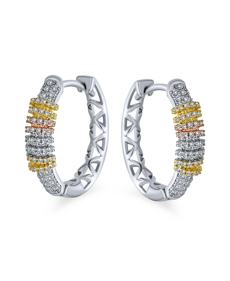 Bling Jewelry Tri-Color Pave Cz Oval Hoop Earrings Rose Gold Silver Plated