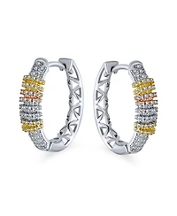 Bling Jewelry Tri-Color Pave Cz Oval Hoop Earrings Rose Gold Silver Plated
