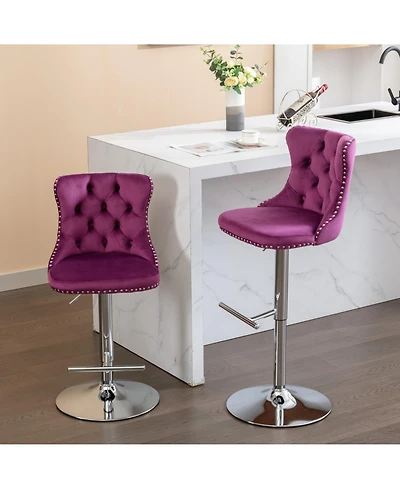 Rainsken Bar Stools Set of 2, Adjustable Counter Height Chairs with Nailhead Trim and Metal Base for Kitchen Island