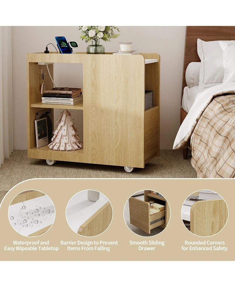 homfan End Table with Charging Station, Mobile Side Table with Drawer and Adjustable Shelf, Locking Wheels Nightstand for Living Room or Bedroom