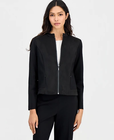 Anne Klein Essentials Petites Scuba Zip-Front Moto Jacket