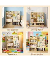 Rainsken Kids Bookshelf and Toy Storage Organizer, 4 Tier Wooden Kids Bookcase with Display Stand for Kids Room, Playroom and Nursery