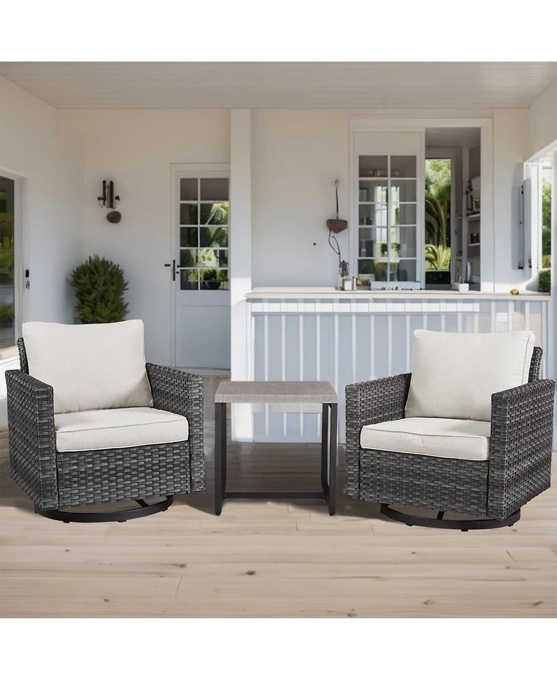 Pocassy Outdoor Patio Set, Wicker Rocking Bistro Set with Swivel Chairs and Side Table, Rattan Furniture Cushions