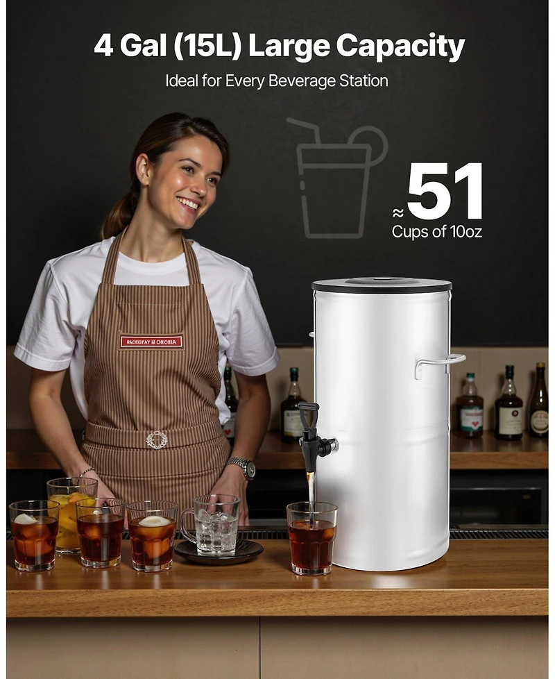 Cozito Iced Tea Dispenser, 4 Gal 15L 304 Stainless Steel Beverage Server