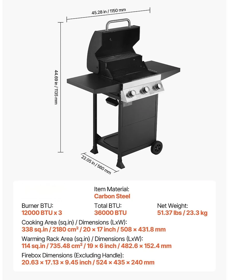 Cozito Gas Grill, 3-Burner Propane Grill with 338 sq in Cooking Area