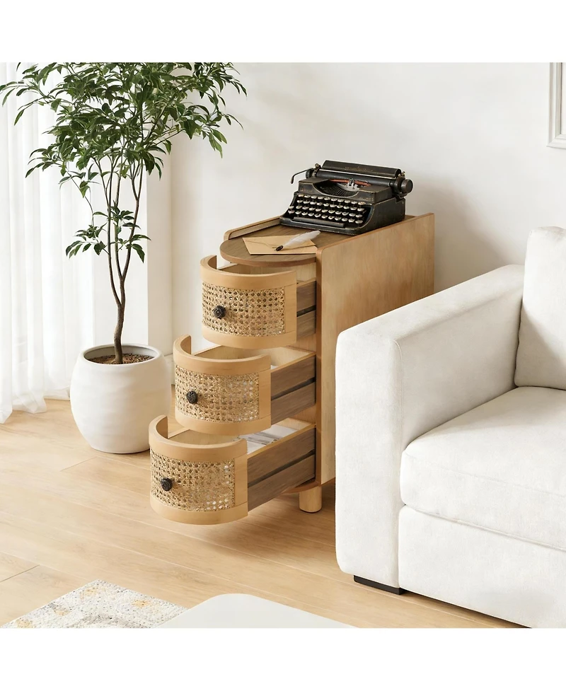 Rainsken 3 Drawer Rattan Nightstand with Embossed Handles, Solid Wood End Table