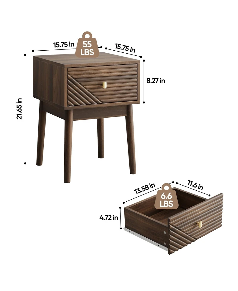 Rainsken Modern Fluted Nightstand Piece Set 2, with Metal Handles, 4 Solid Wood Legs, Easy Assembly for Bedroom or Living Room