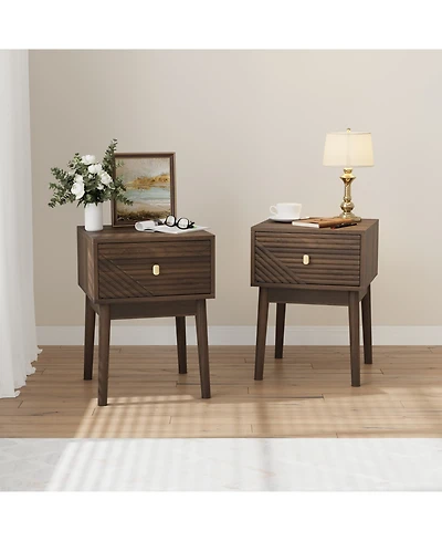 Rainsken Modern Fluted Nightstand Piece Set 2, with Metal Handles, 4 Solid Wood Legs, Easy Assembly for Bedroom or Living Room