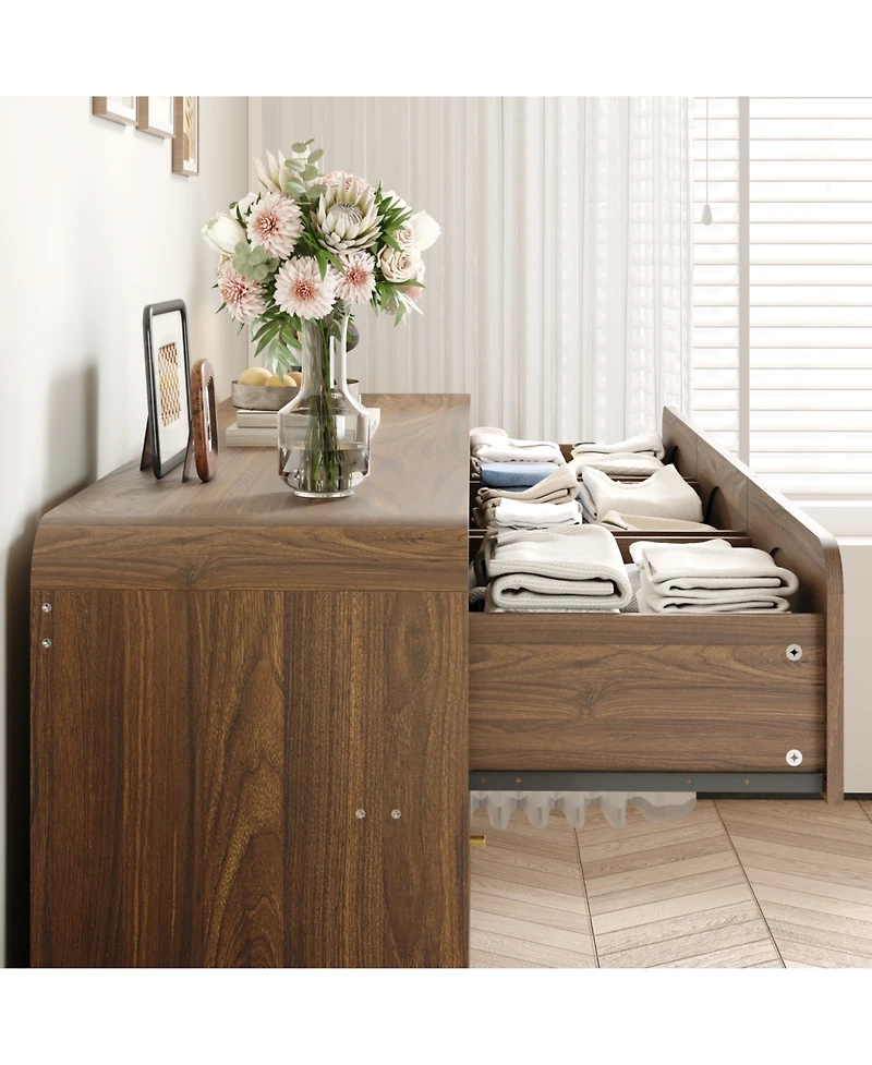 Rainsken 9 Drawer Dresser, Rattan Wide Particle Board Chest, Space Saving Storage Organizer