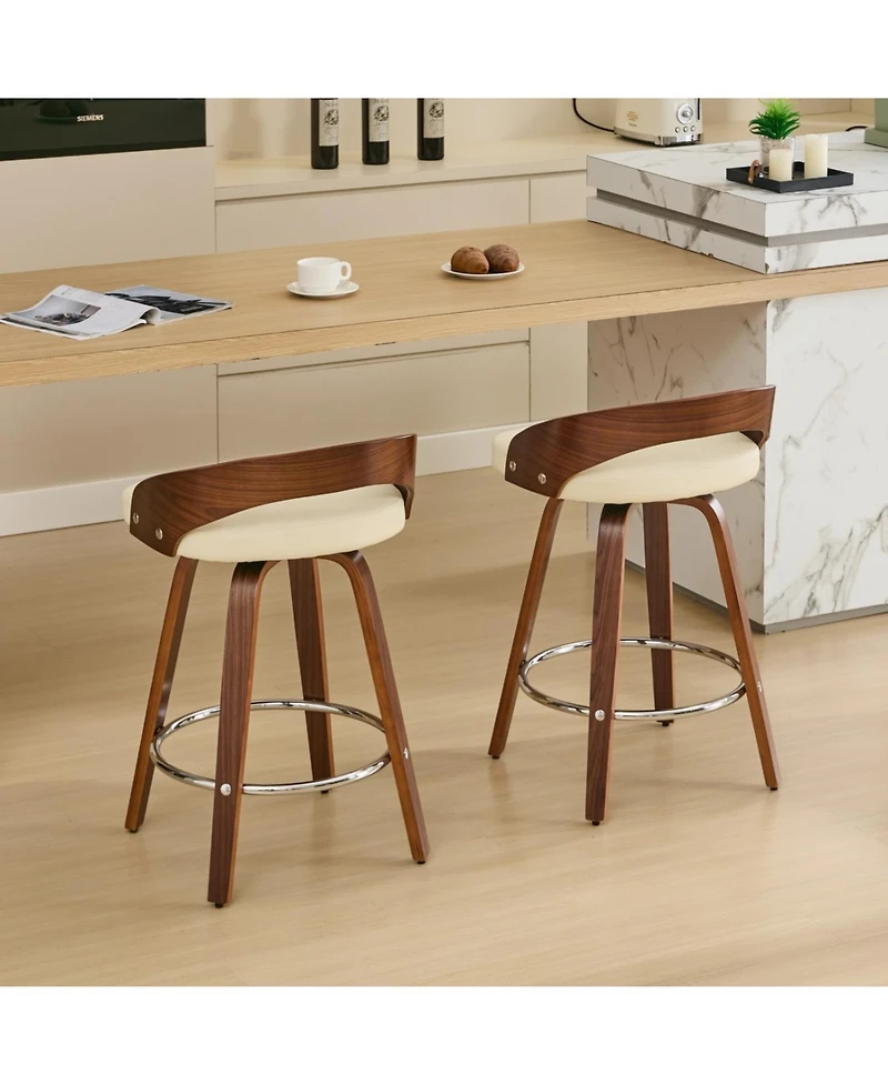 Rainsken Bar Stools Set of 2, with Pu Upholstered, 360degree(s)Swivel Mid Century Stools, 25-Inch Seat Height, for Kitchen Island, Pub, Restaurant