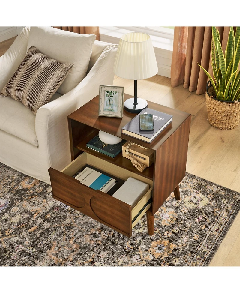 Rainsken Modern Fluted Nightstand, with Charging Station Usb Ports and Outlet Hole, 4 Solid Wood Legs, for Bedroom Living Room