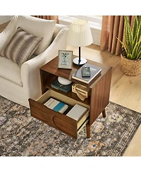 Rainsken Modern Fluted Nightstand, with Charging Station Usb Ports and Outlet Hole, 4 Solid Wood Legs, for Bedroom Living Room
