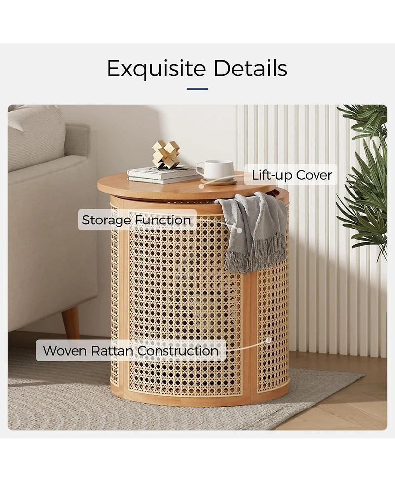 Rainsken Round Solid Wood Nightstand, Hollow Woven Bedside Table, Compact Accent End Table