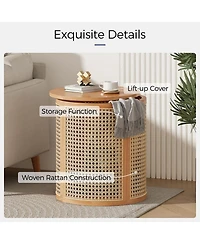 Rainsken Round Solid Wood Nightstand, Hollow Woven Bedside Table, Compact Accent End Table